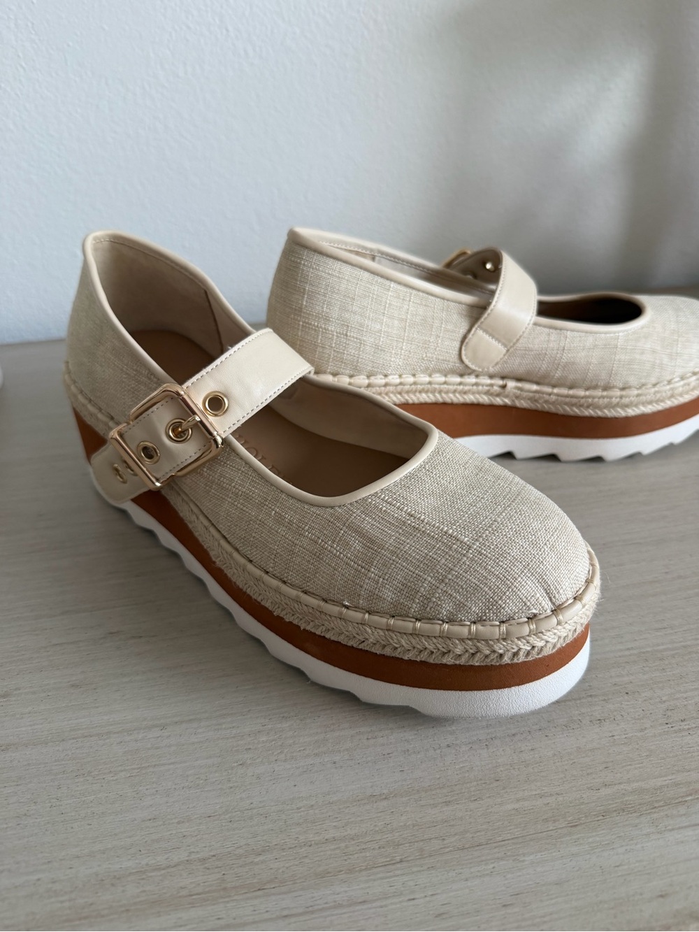 Chelsea & Violet Beige Canvas Platform Mary Jane’s